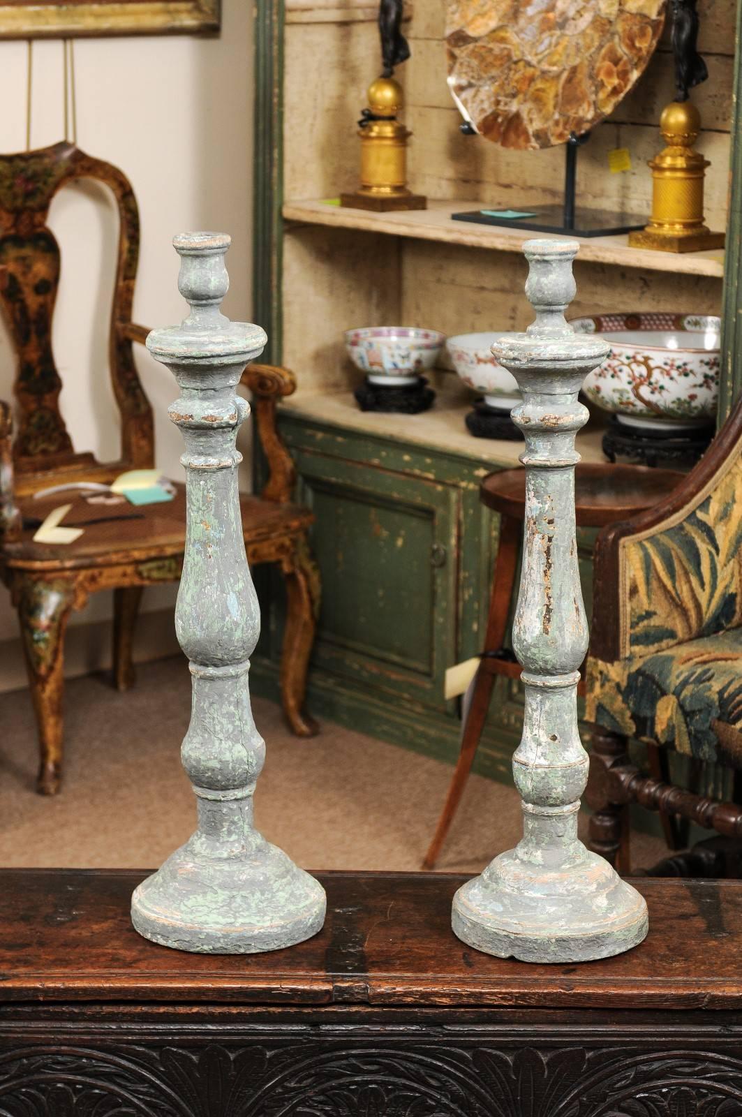 Pair of Blue Painted Italian Altar Sticks, 19th Century 1