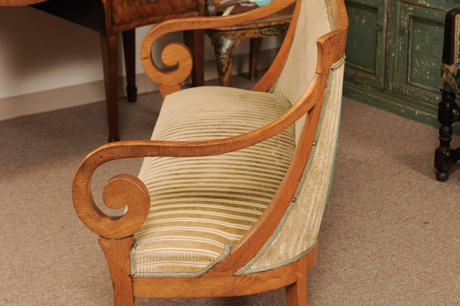 Upholstery Early 19th Biedermeier Settee with Scroll Arms and Curved Back in Birch Wood