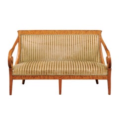 Antique Early 19th Biedermeier Settee with Scroll Arms and Curved Back in Birch Wood