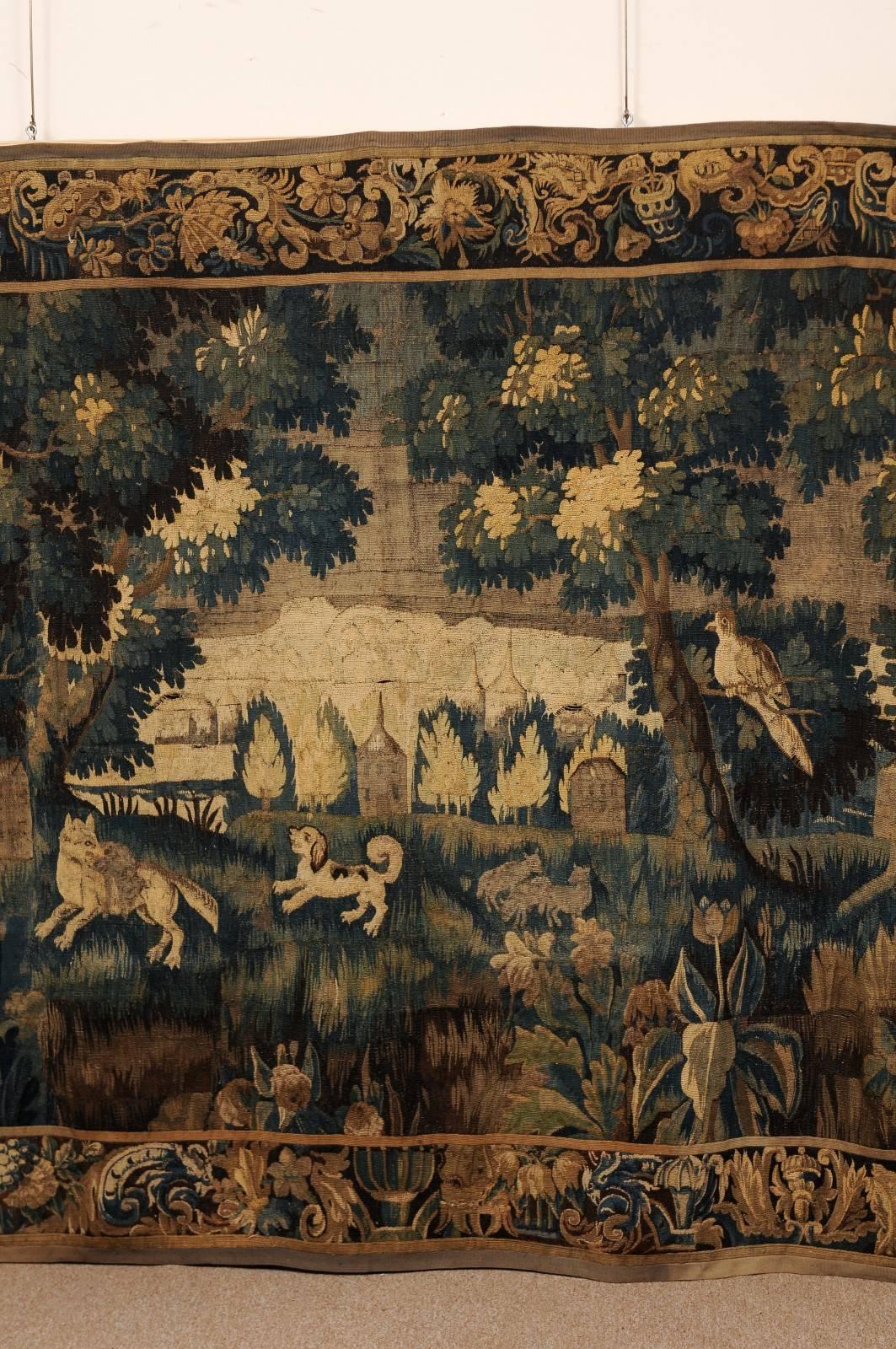 Hand-Woven 18th Century French Aubusson Tapestry with Dog Hunt