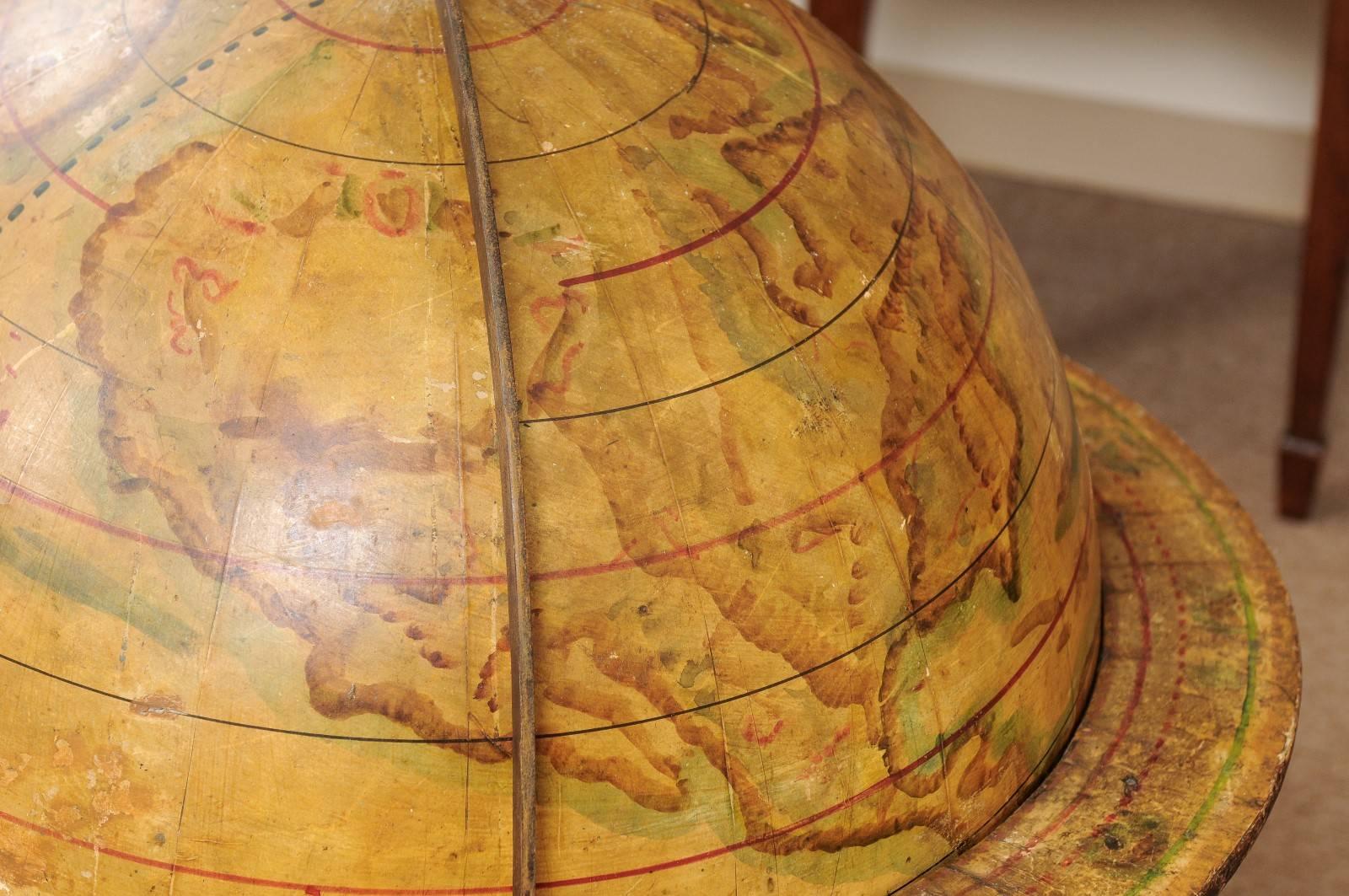 European 19th Century Globe on Wooden Stand with Fluted Turned Columns & Cross Stretcher