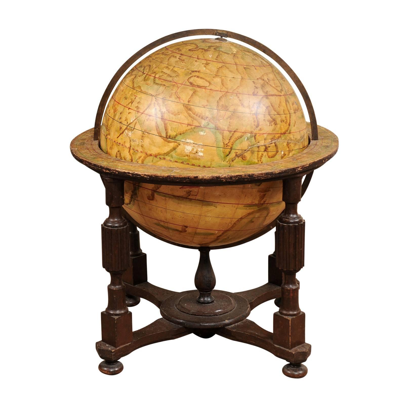 19th Century Globe on Wooden Stand with Fluted Turned Columns & Cross Stretcher