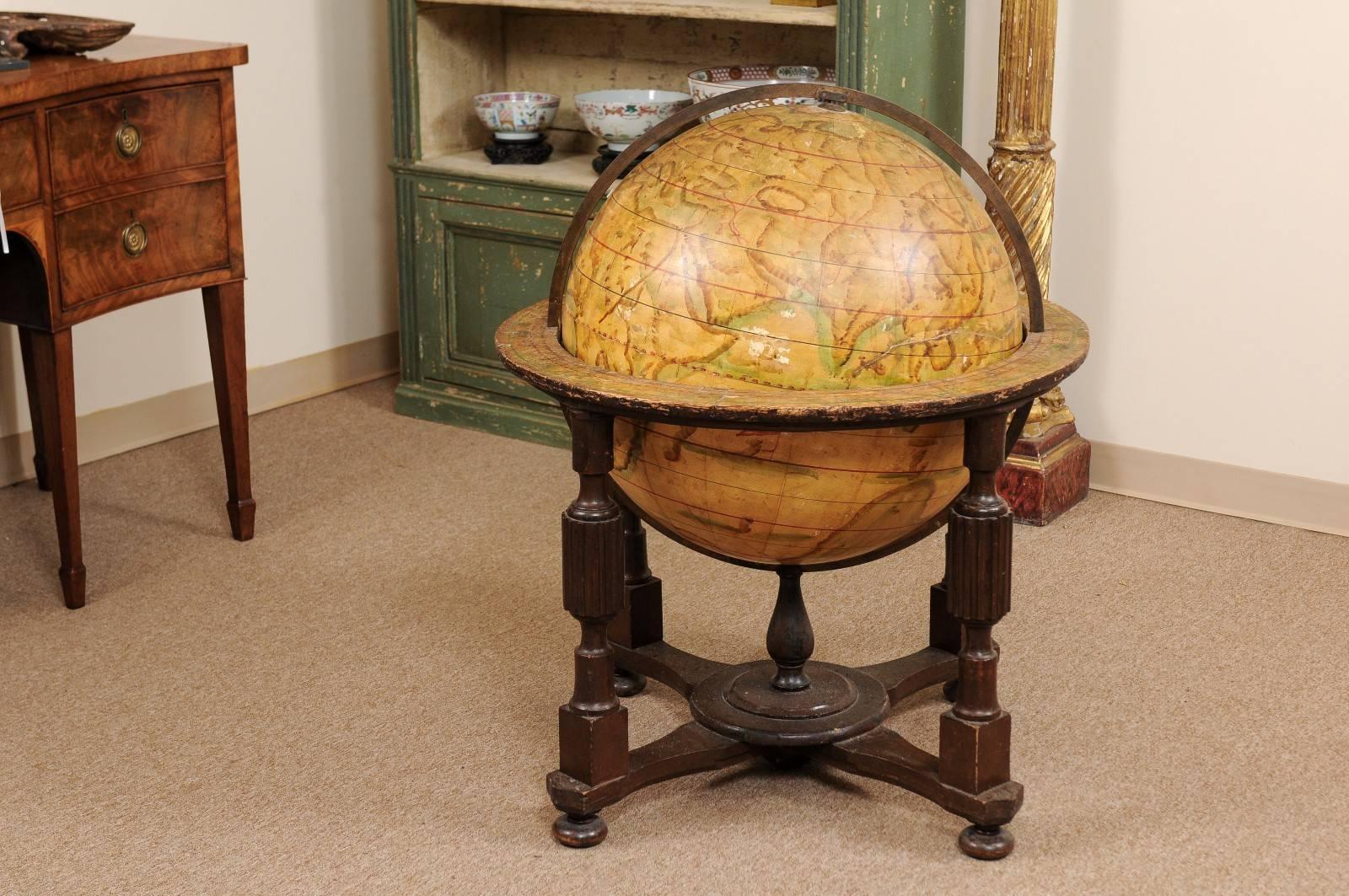 19th Century Globe on Wooden Stand with Fluted Turned Columns & Cross Stretcher In Good Condition In Atlanta, GA