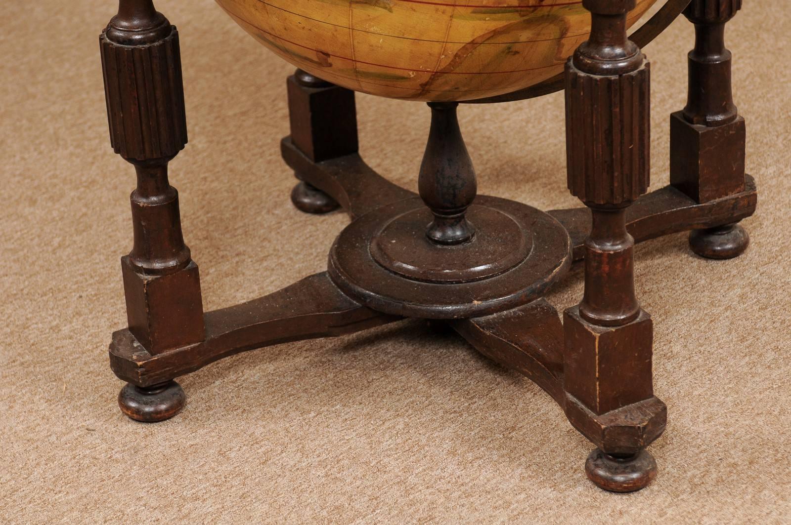 19th Century Globe on Wooden Stand with Fluted Turned Columns & Cross Stretcher 1