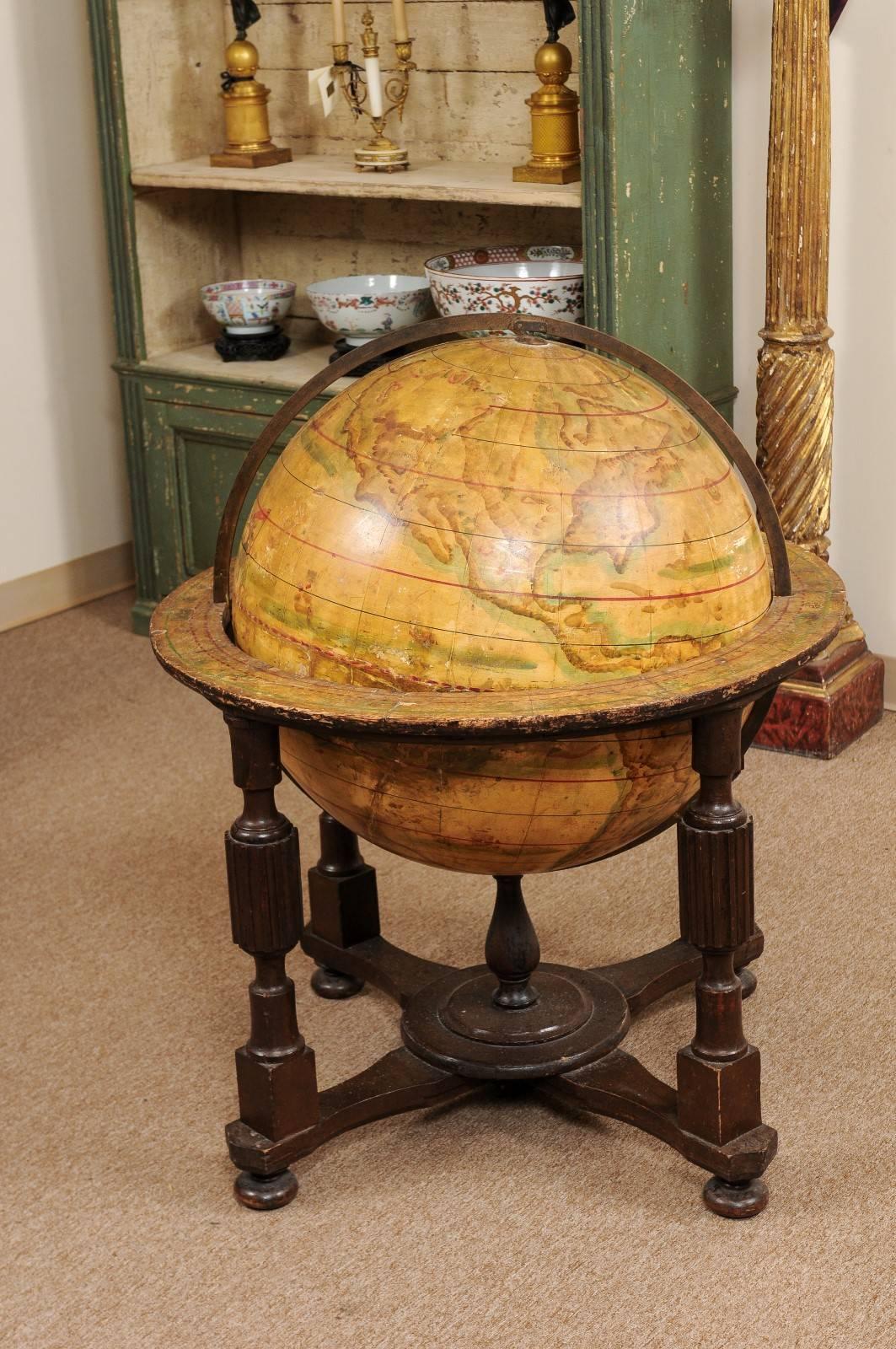 19th Century Globe on Wooden Stand with Fluted Turned Columns & Cross Stretcher 2