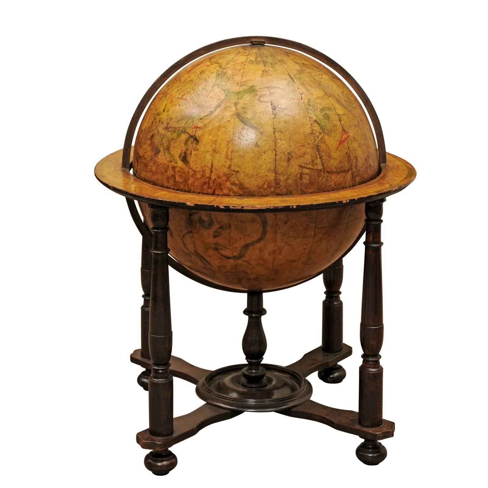 19th Century Italian Painted Wood Celestial Globe on Later Turned Leg Stand
