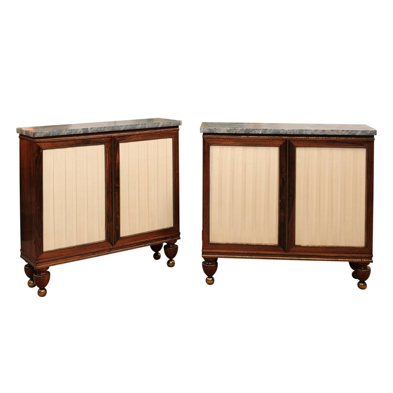 Pair of English Regency Rosewood Cabinets with Grey Marble Tops