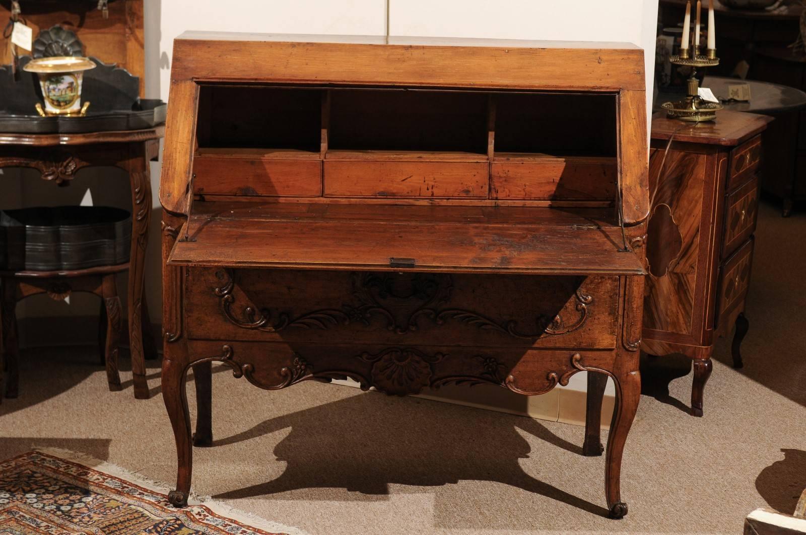 Hand-Carved French Fruitwood Regence Bureau Slant Front Desk, Early 18th Century For Sale