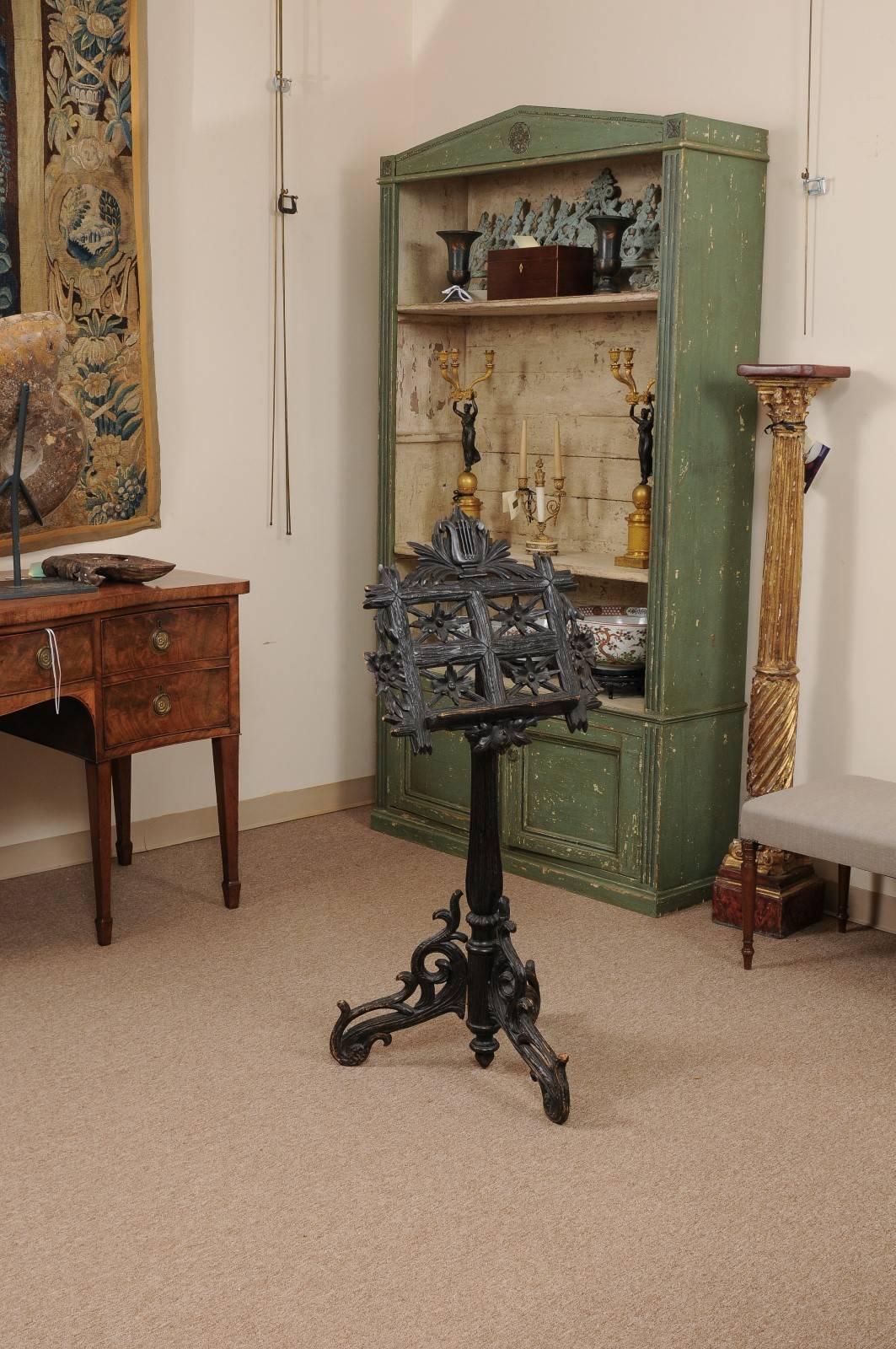Ebonized 19th Century French Black Forest Music Stand with Carved Lyre Crest and Flowers