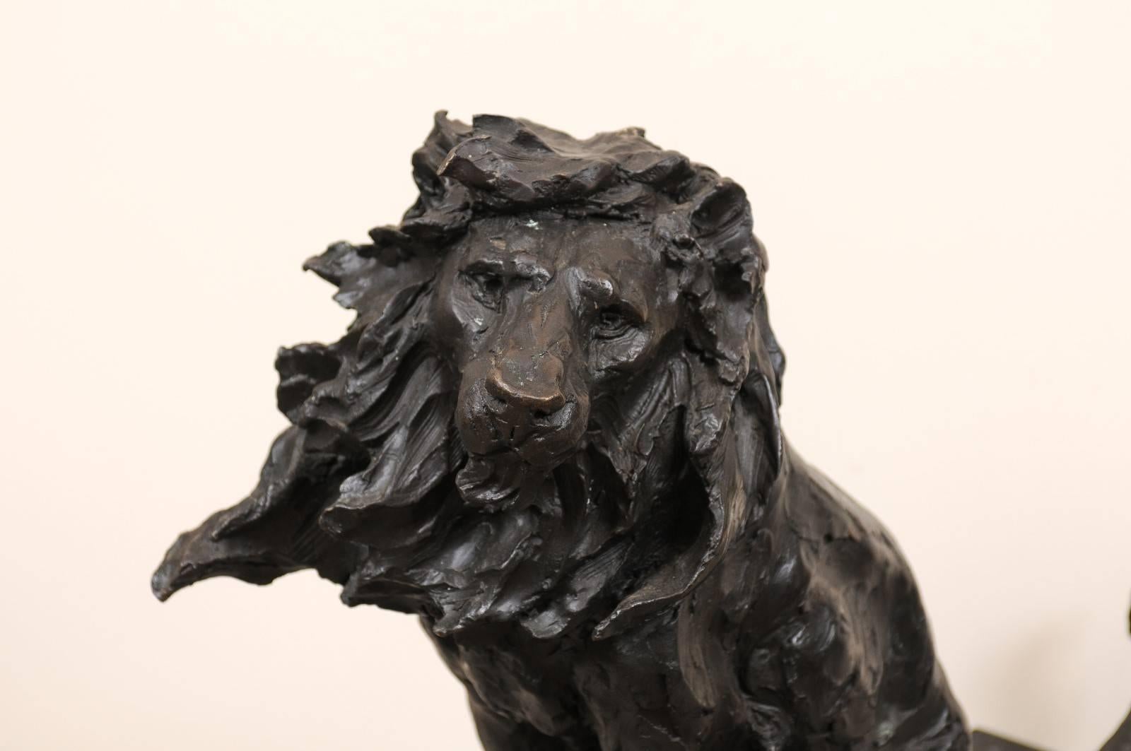 European Early 20th Century Bronze Lion Sculpture, Signed 