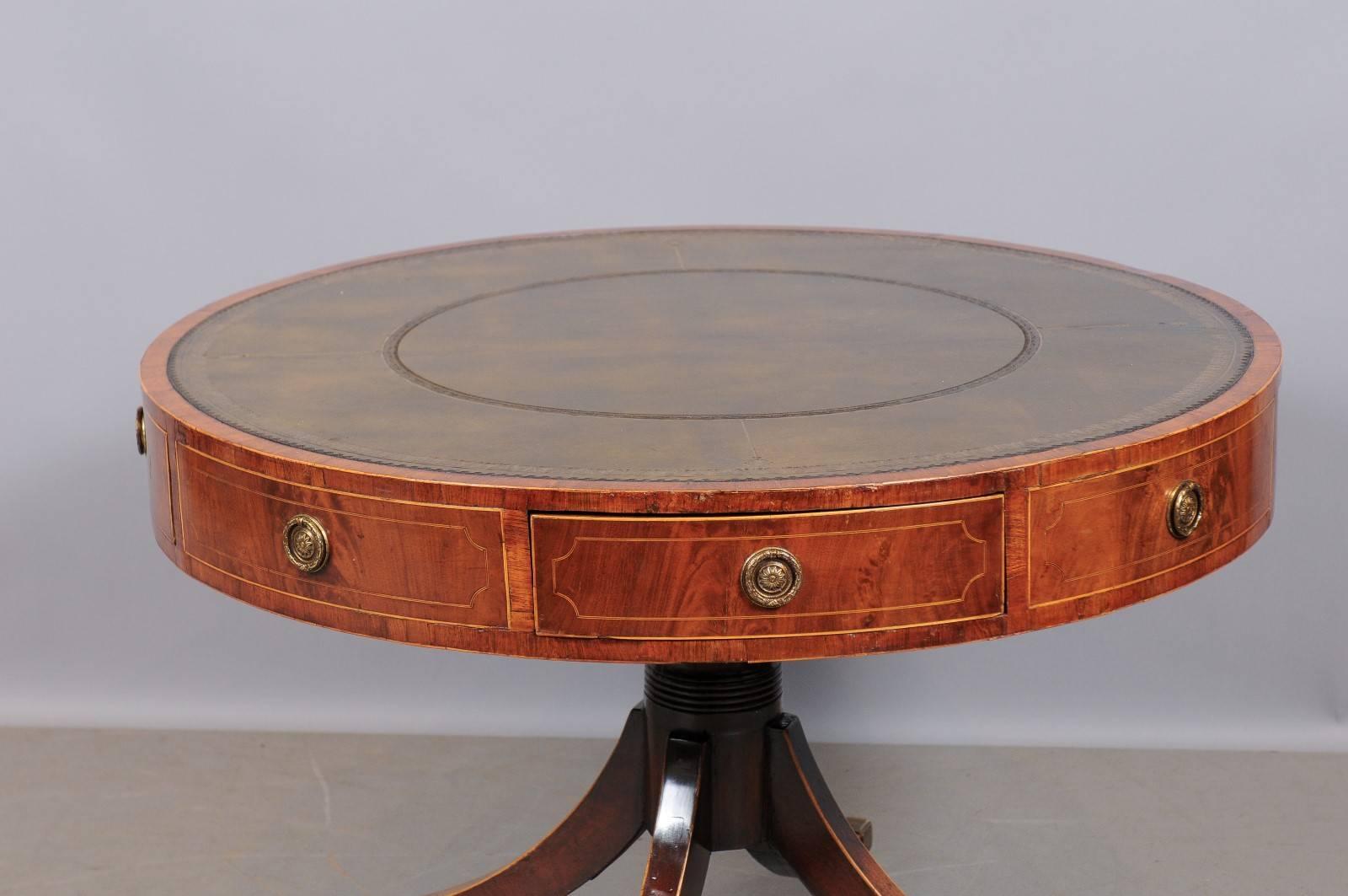 English Revolving George III Mahogany Drum Table with Inset Green Leather Top For Sale