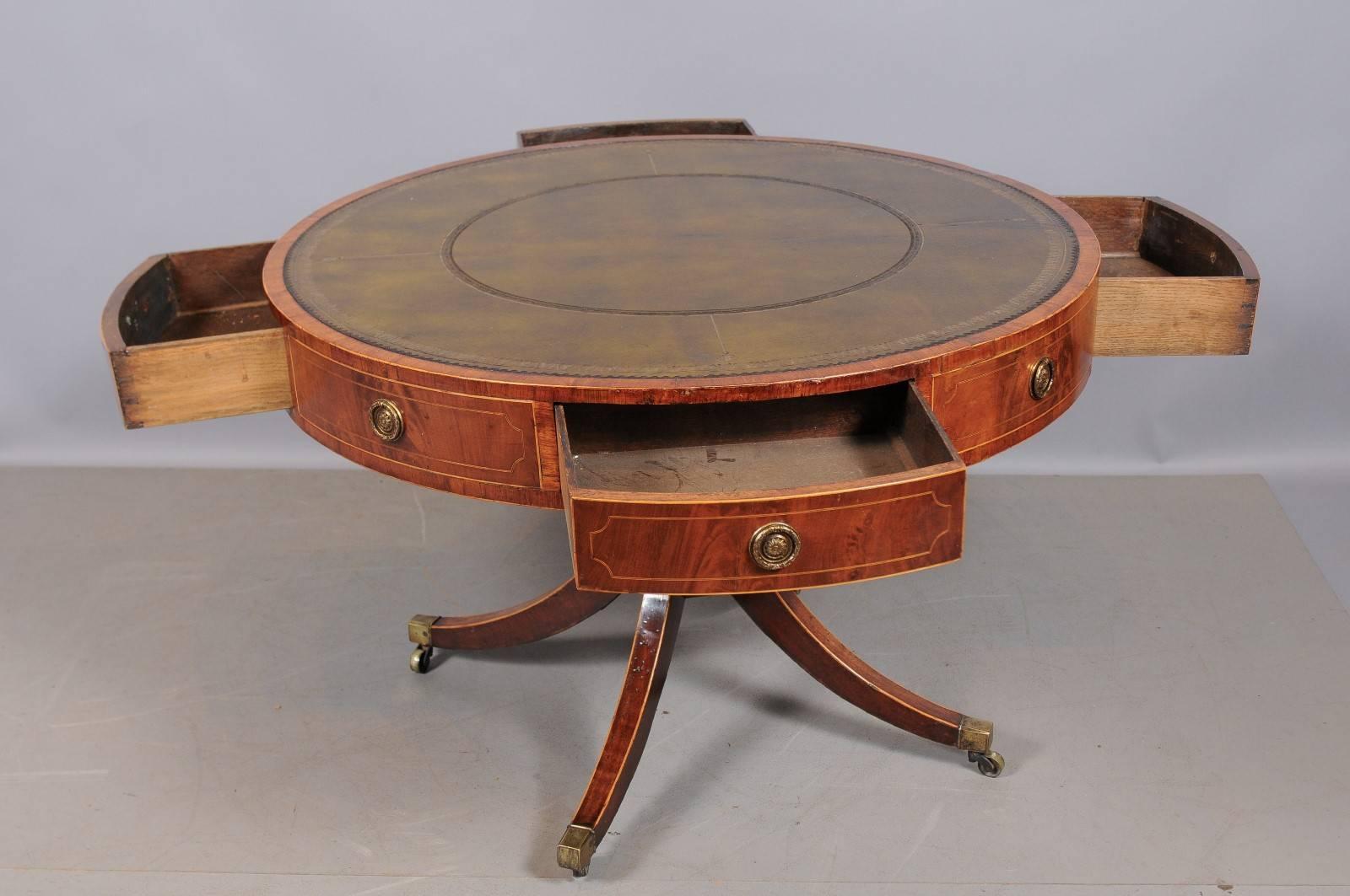19th Century Revolving George III Mahogany Drum Table with Inset Green Leather Top For Sale
