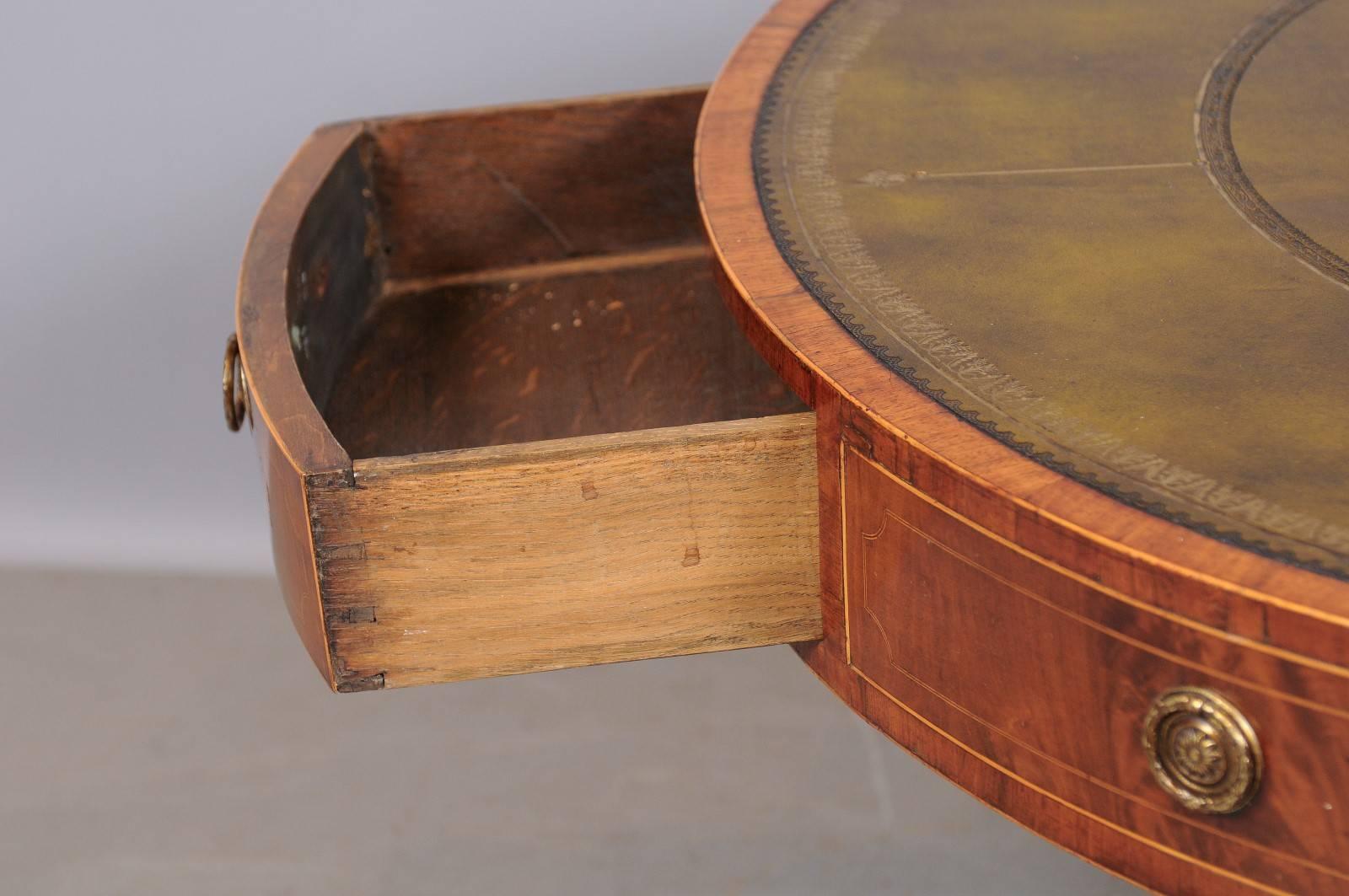Brass Revolving George III Mahogany Drum Table with Inset Green Leather Top For Sale