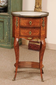 19th Century French Inlaid Tulipwood Chevet with Oval White Marble Top
