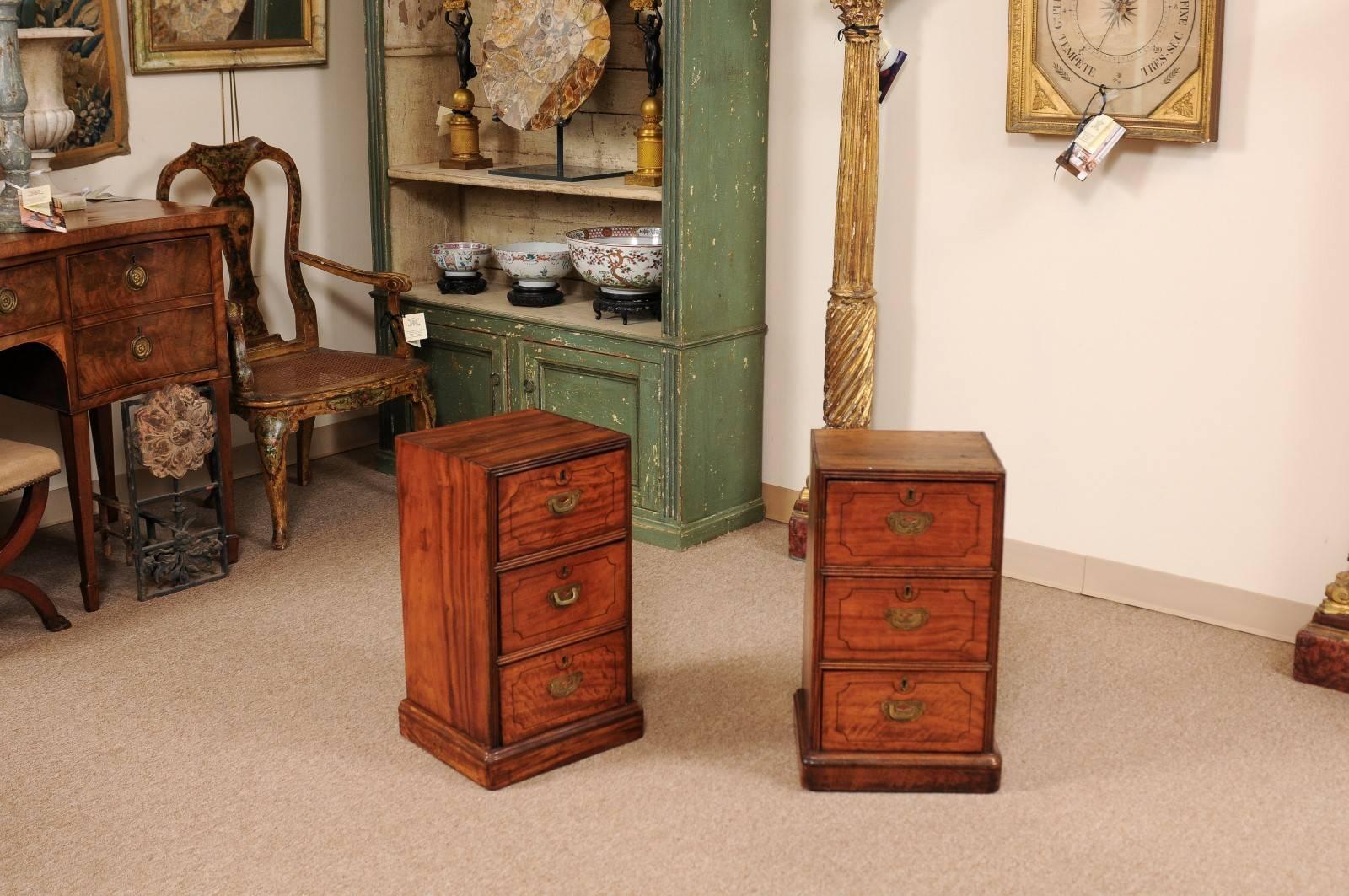 English Pair of Campaign Style Bedside Tables in Mahogany with Three Drawers