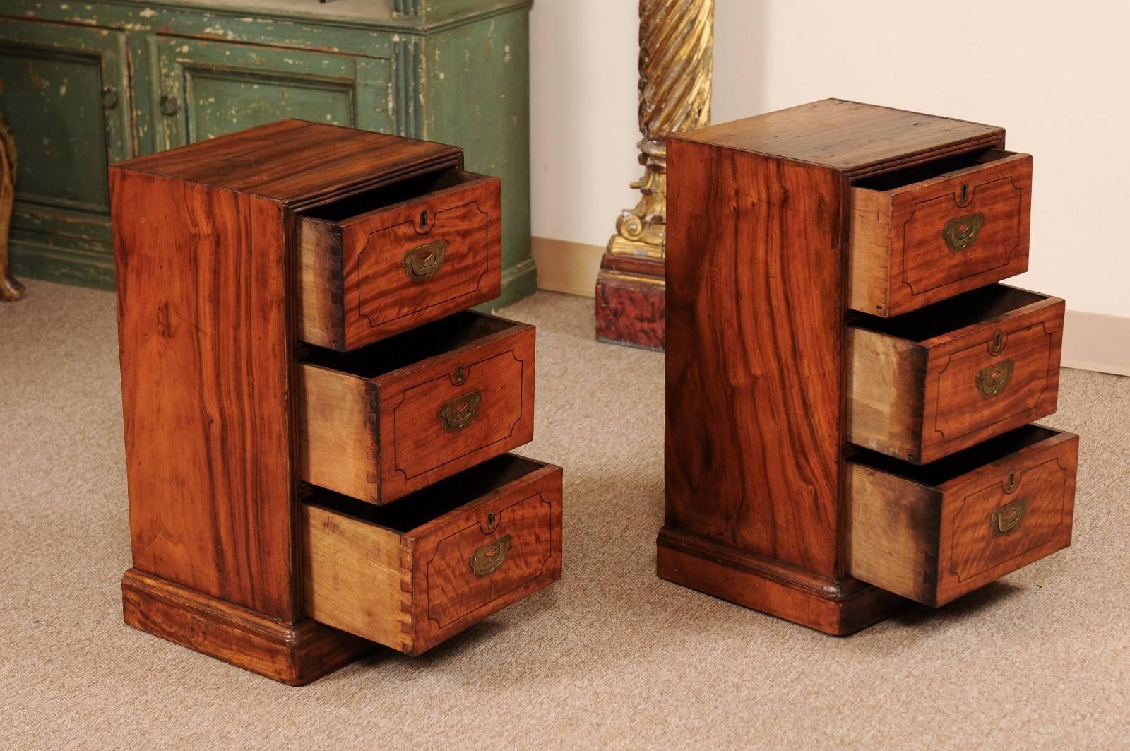 19th Century Pair of Campaign Style Bedside Tables in Mahogany with Three Drawers
