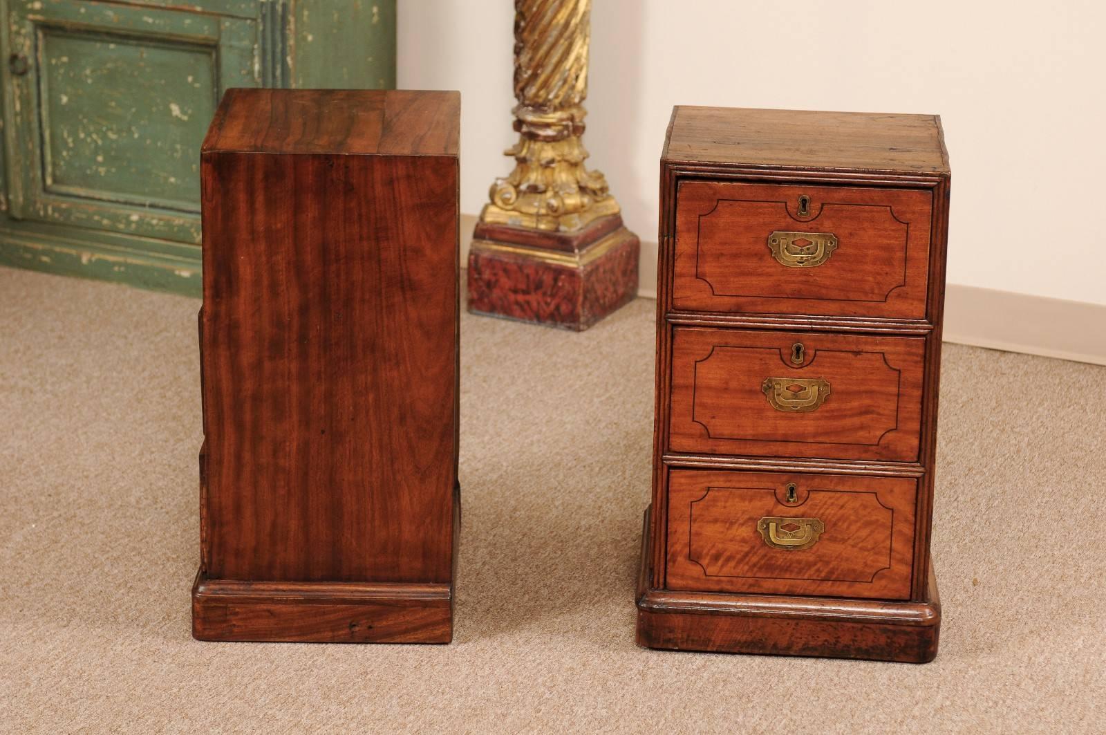 Pair of Campaign Style Bedside Tables in Mahogany with Three Drawers 2