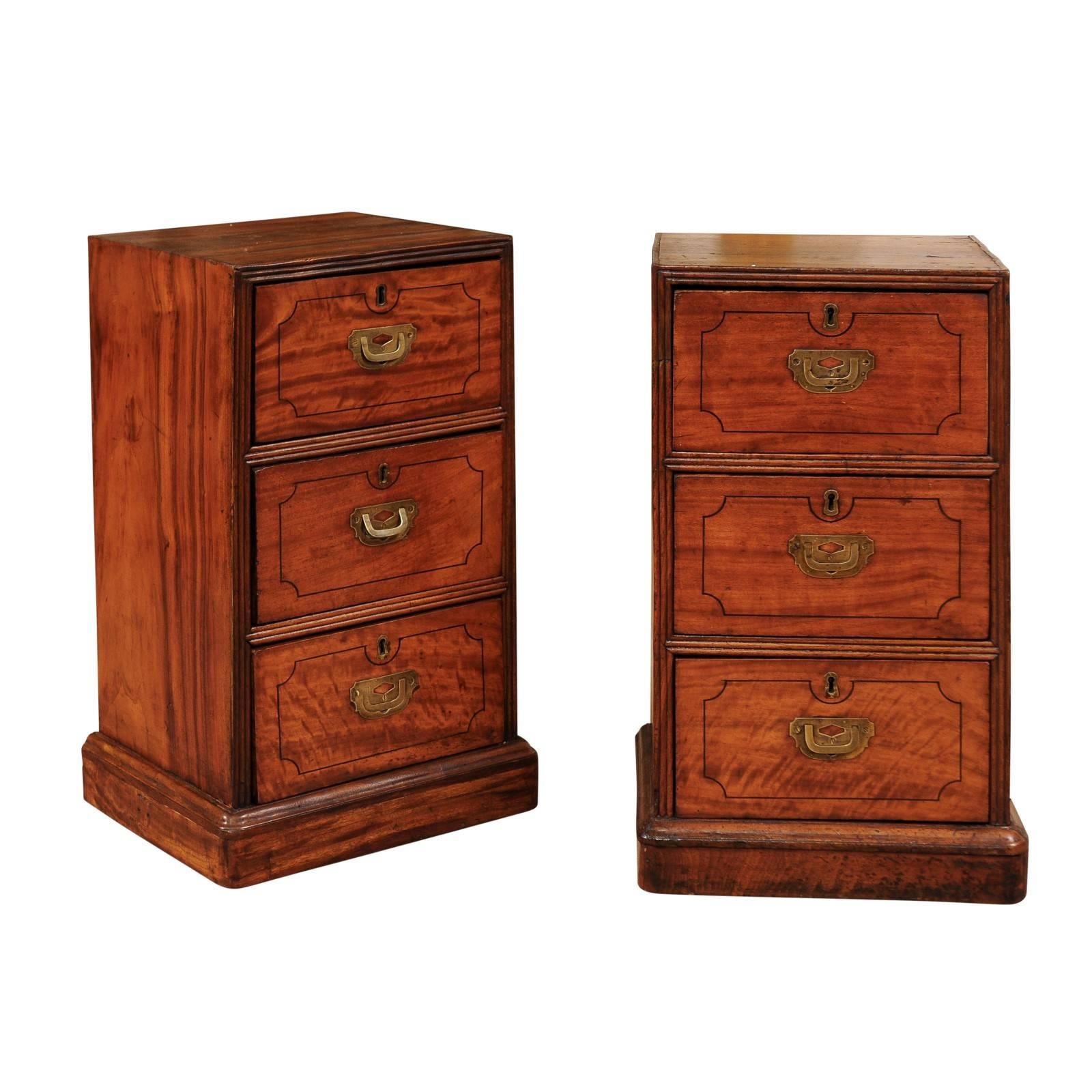 Pair of Campaign Style Bedside Tables in Mahogany with Three Drawers