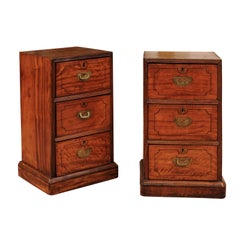 Antique Pair of Campaign Style Bedside Tables in Mahogany with Three Drawers