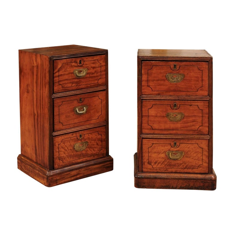 Pair of Campaign Style Bedside Tables in Mahogany with Three Drawers at