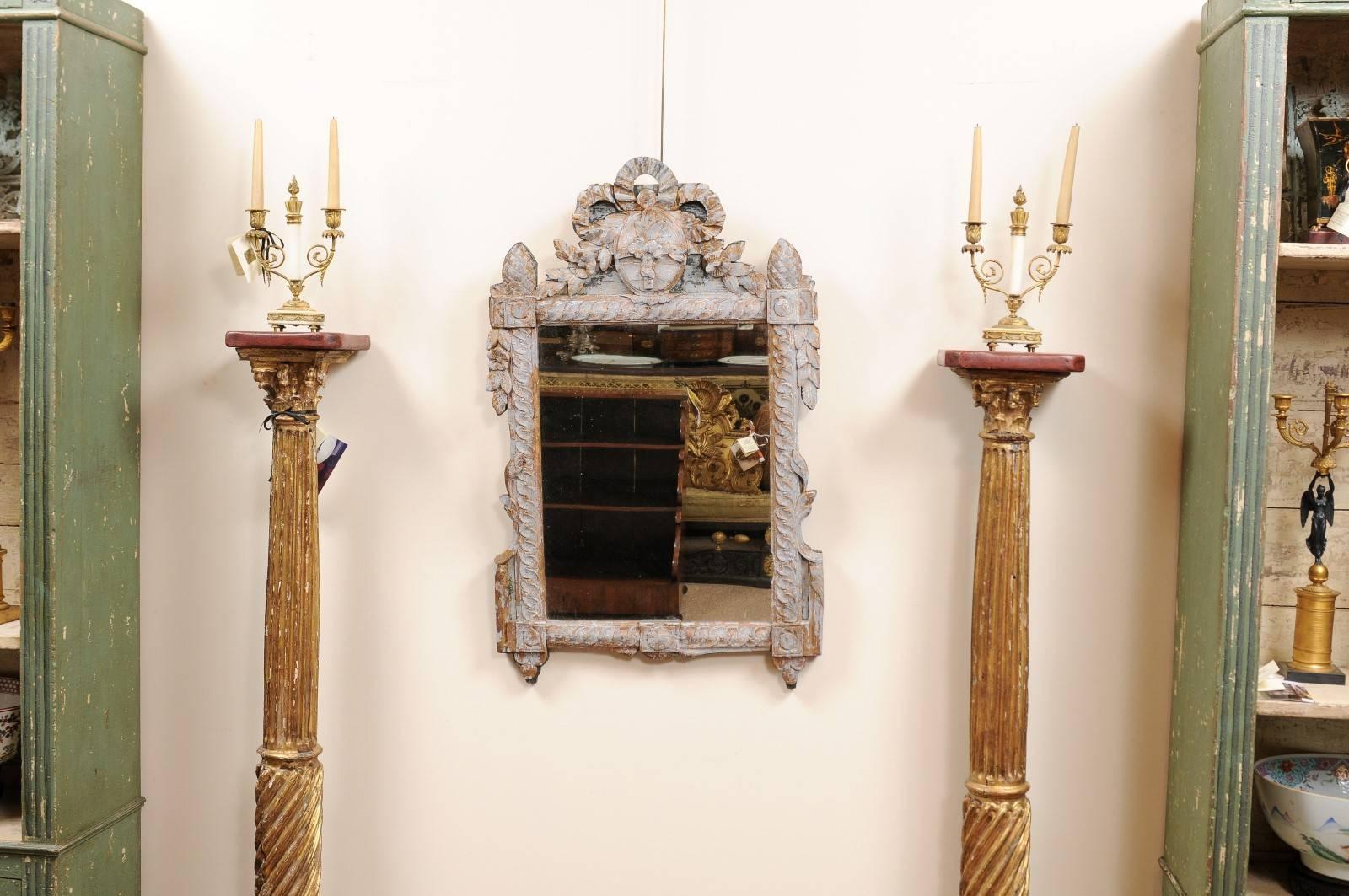 Neoclassical 18th Century French Louis XVI Giltwood Mirror with Rubbed Blue Paint