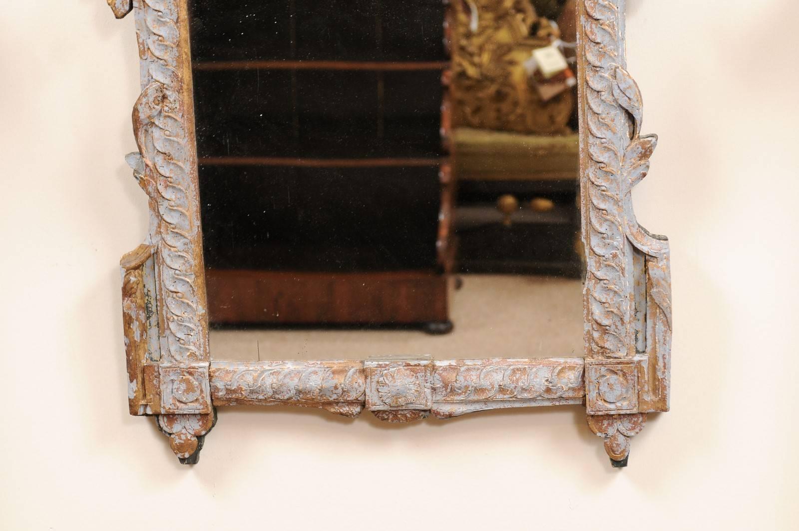 18th Century French Louis XVI Giltwood Mirror with Rubbed Blue Paint In Good Condition In Atlanta, GA