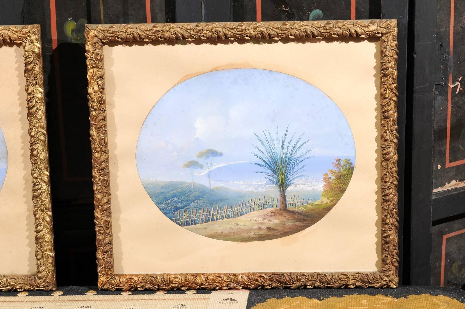 Pair of 19th Century Italian Giltwood Framed Gouache Seascape Paintings In Good Condition In Atlanta, GA