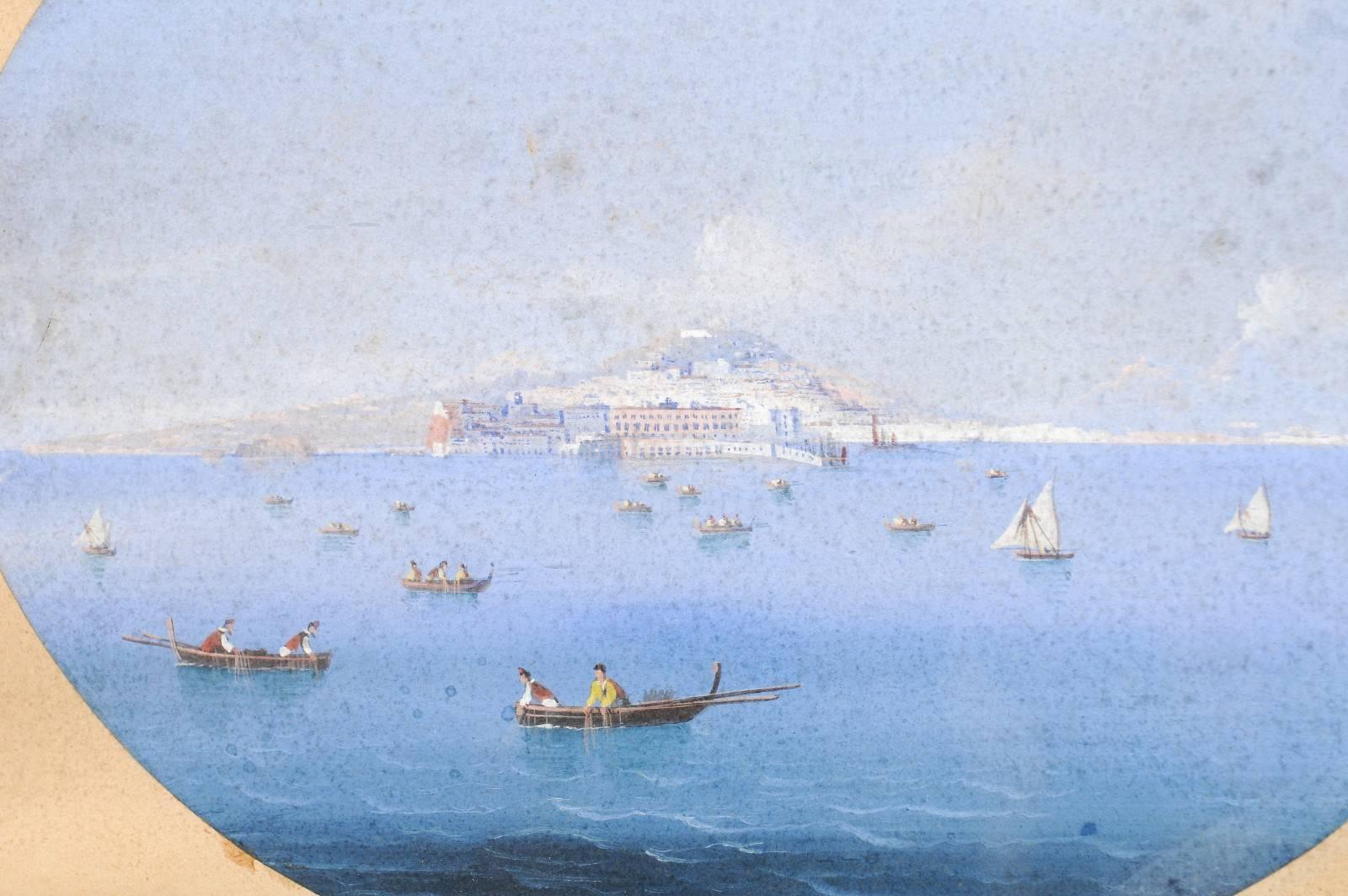 Pair of 19th Century Italian Giltwood Framed Gouache Seascape Paintings 1