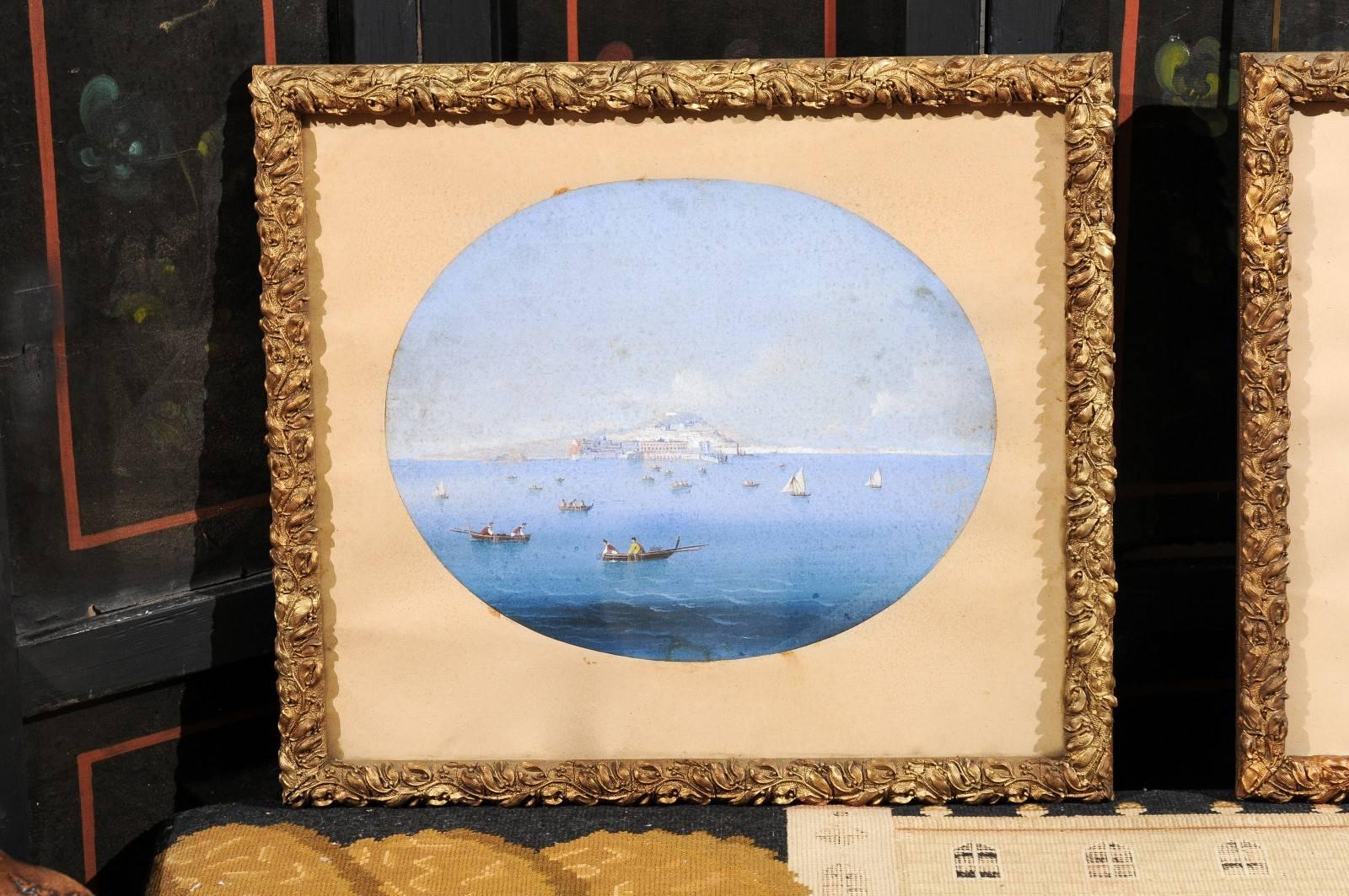 Pair of 19th Century Italian Giltwood Framed Gouache Seascape Paintings 2