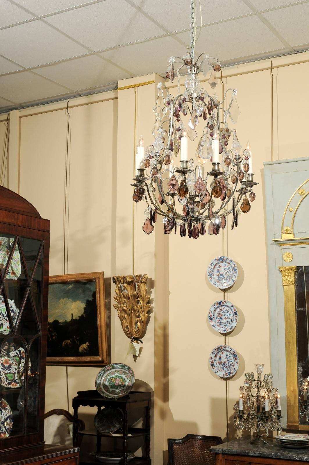 Silvered 19th Century French Chandelier with Crystal Fruit Pendants