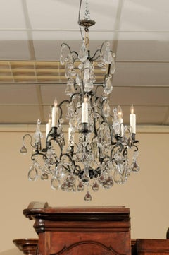 French Louis XV Style Chandelier with Black Metal Frame & Clear Crystals, 1890