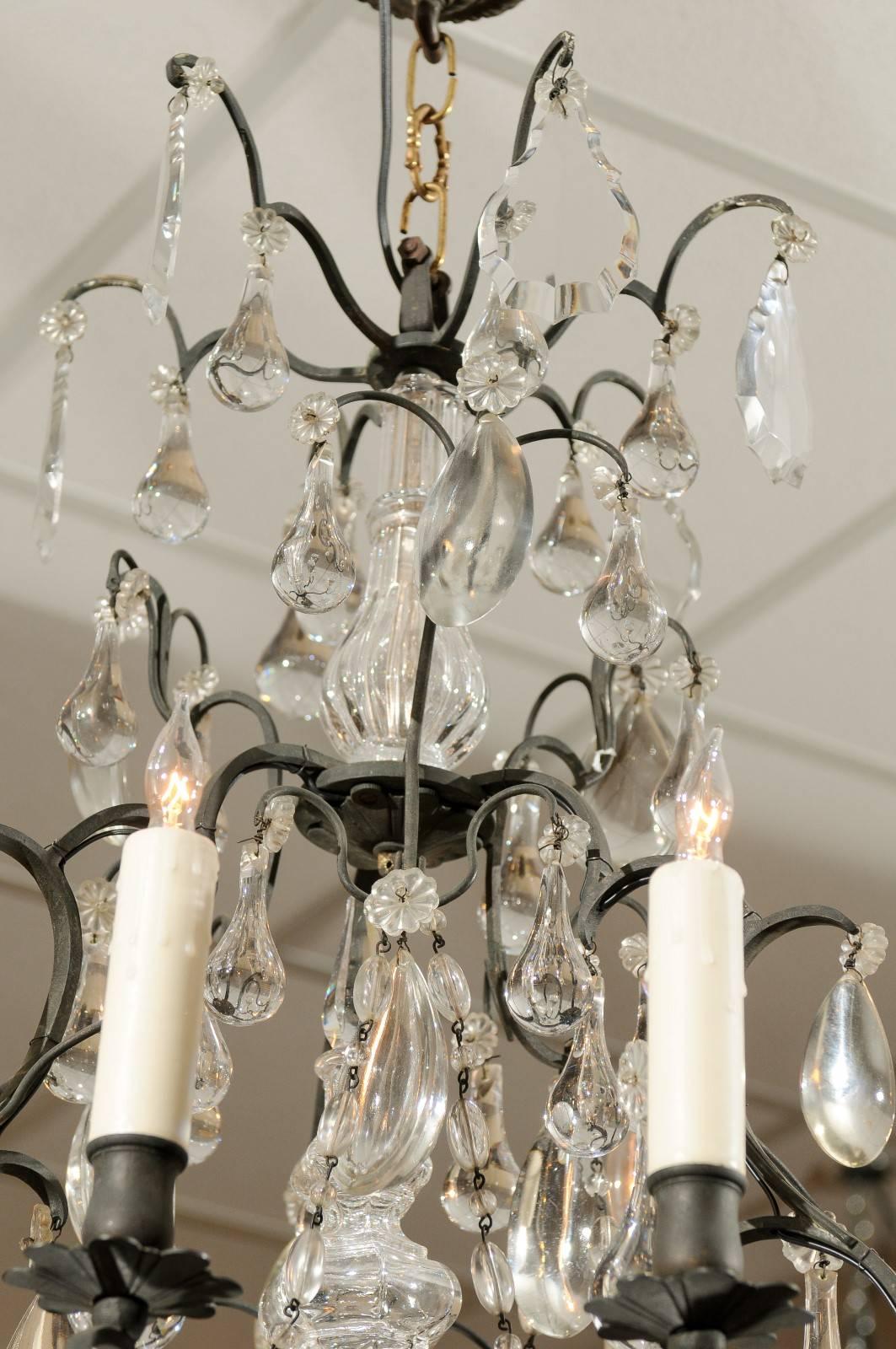 French Louis XV Style Chandelier with Black Metal Frame & Clear Crystals, 1890 For Sale 1