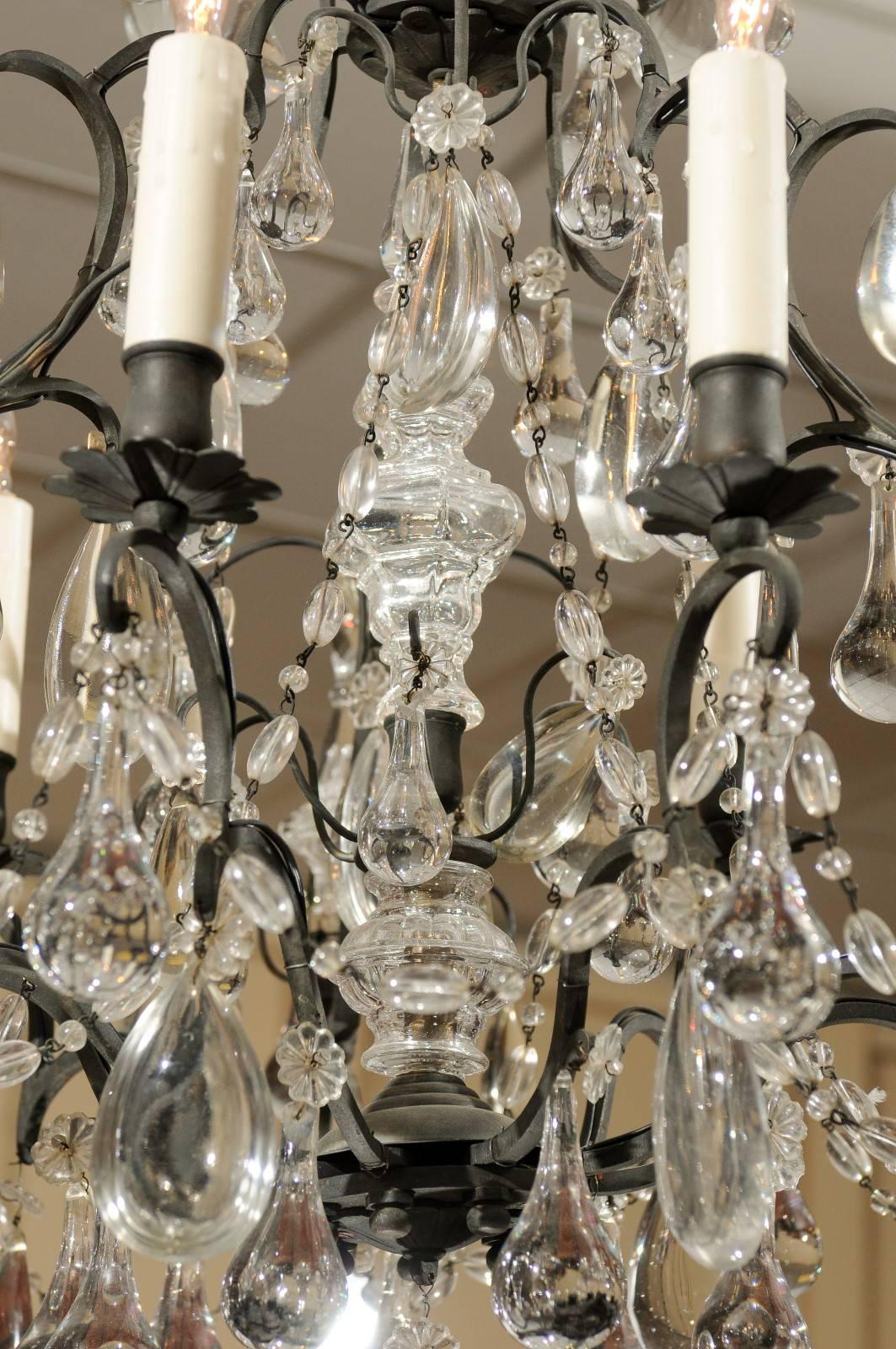 French Louis XV Style Chandelier with Black Metal Frame & Clear Crystals, 1890 For Sale 5