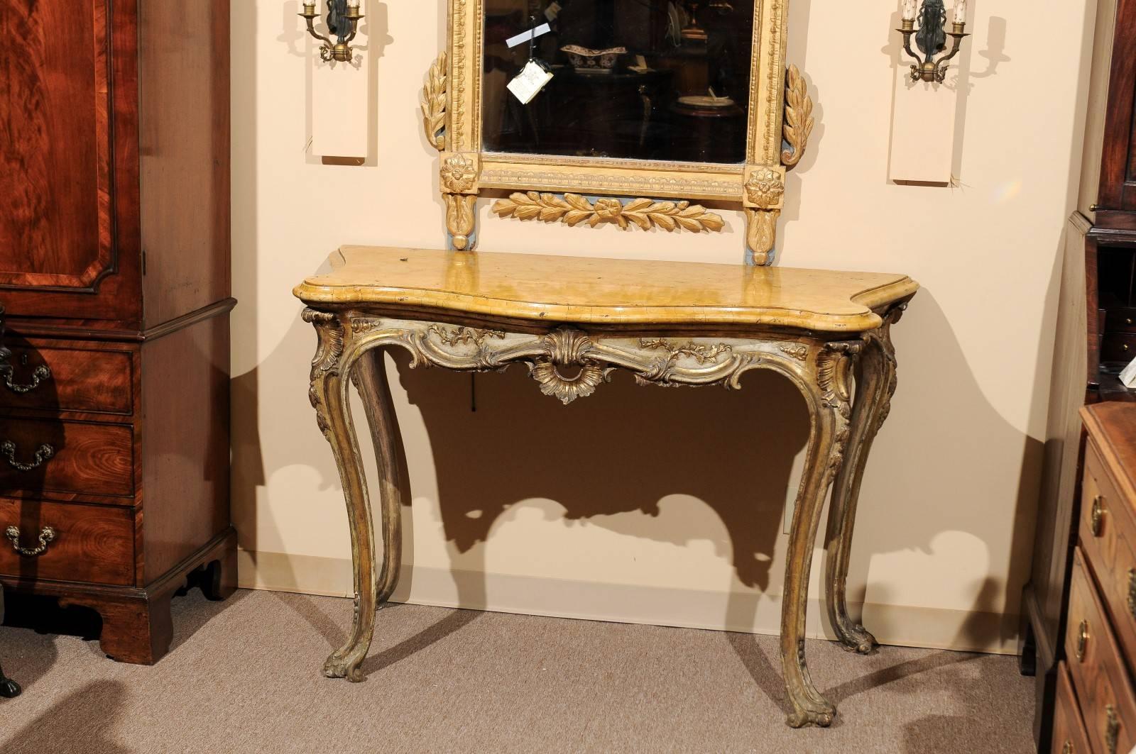 Carved Large Rococo Silvered Italian Console with Sienna Marble, 18th Century For Sale