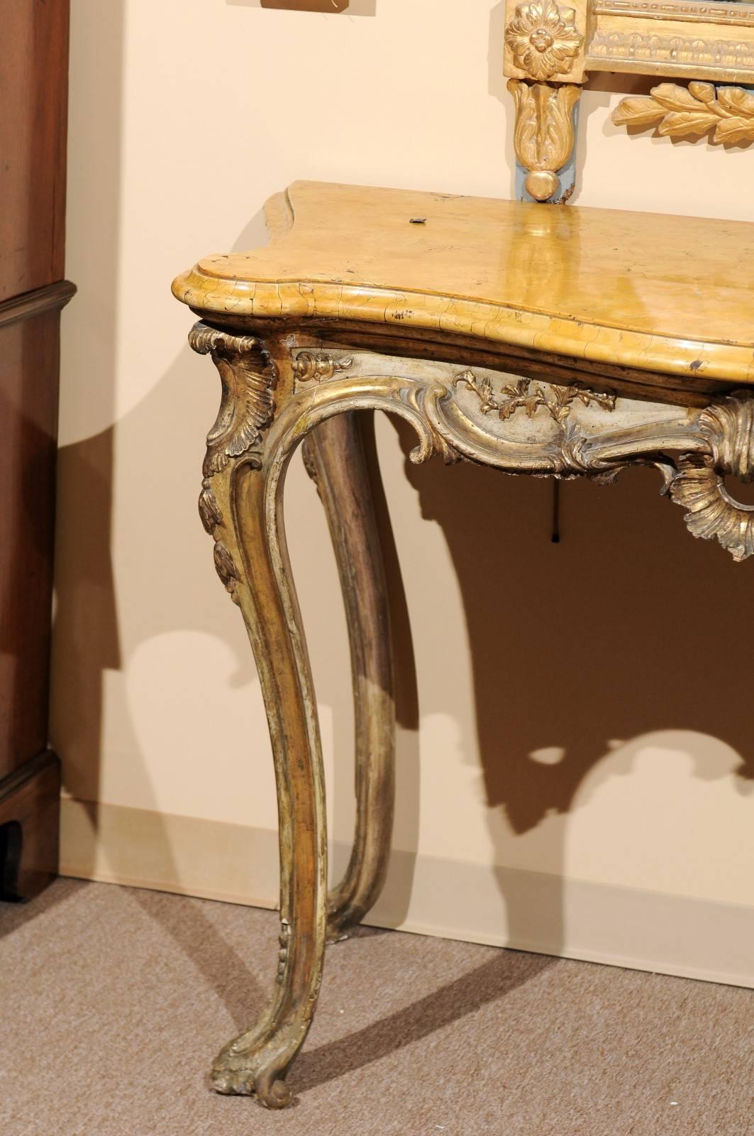 18th Century and Earlier Large Rococo Silvered Italian Console with Sienna Marble, 18th Century For Sale