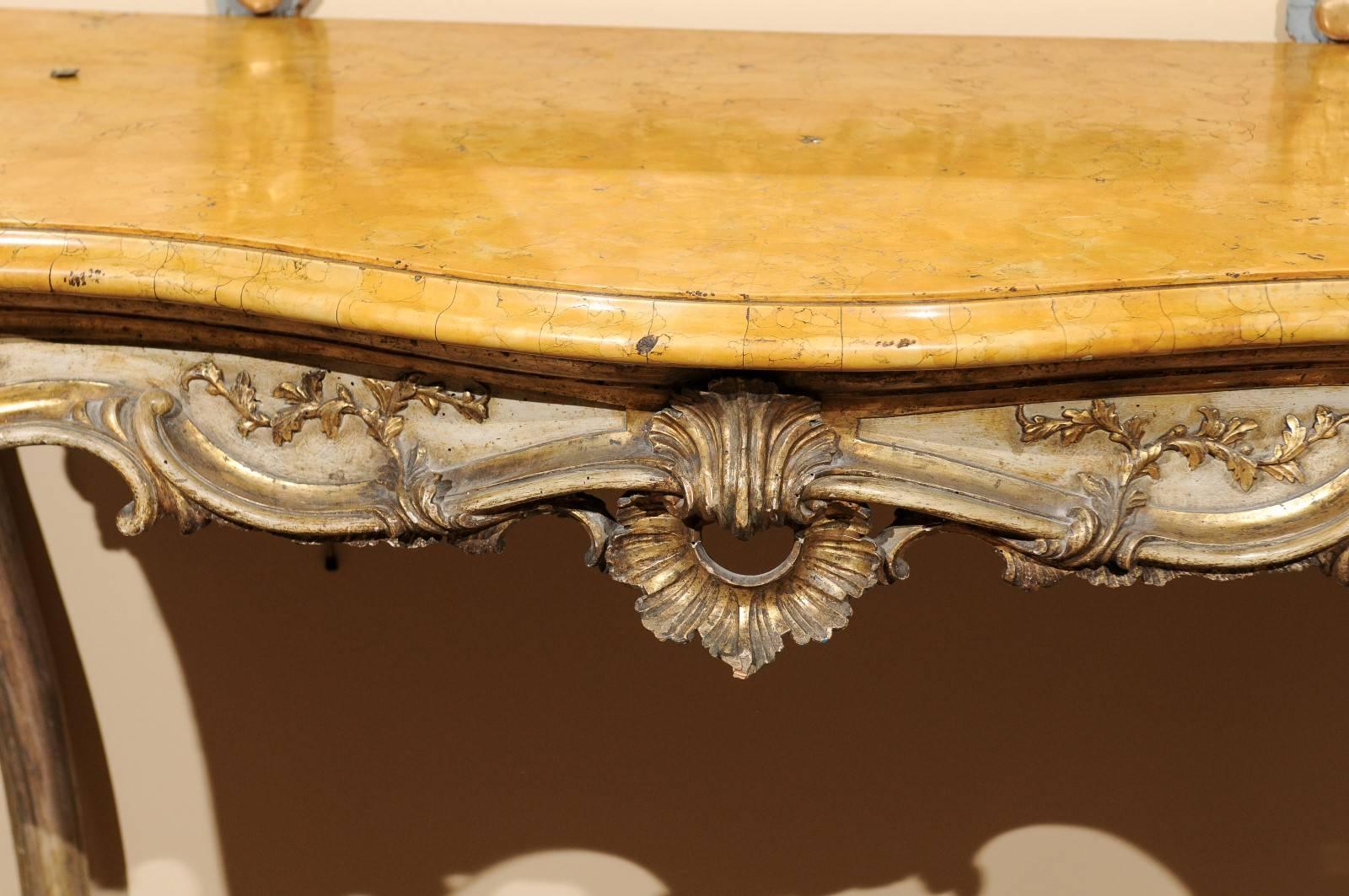 Silver Leaf Large Rococo Silvered Italian Console with Sienna Marble, 18th Century For Sale
