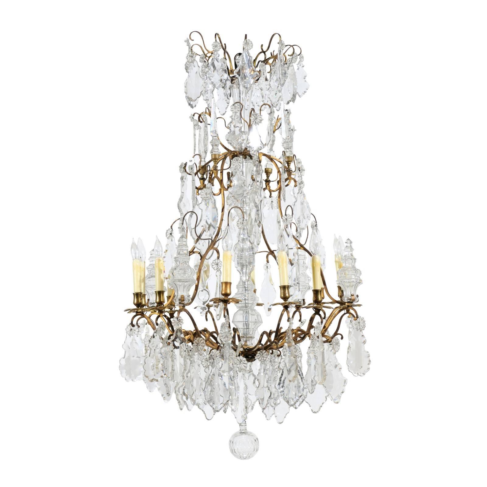 Crystal & Bronze Louis XV Style Chandelier with 12 Lights, 19th Century France For Sale