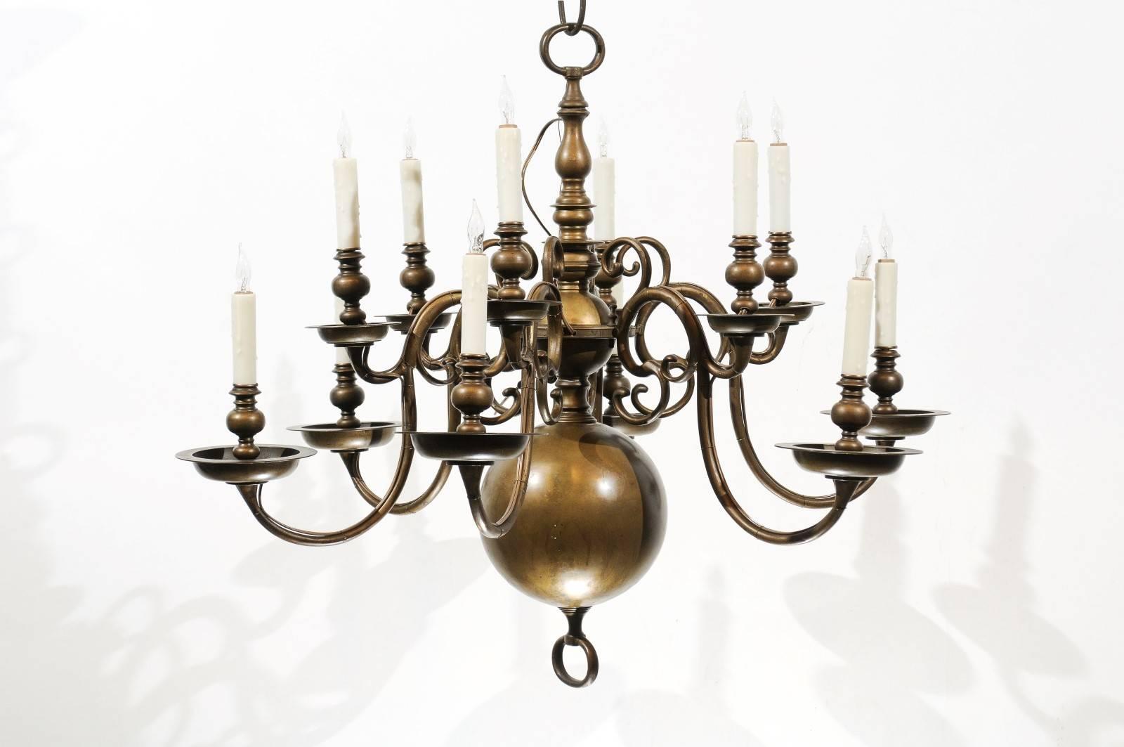 Large 18th Century Dutch Brass Chandelier with 12 Lights 1