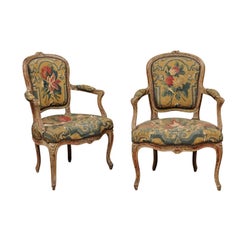 Pair of Louis XV Painted Fauteuils with Carved Floral Crest 
Cabriole Legs, 18t