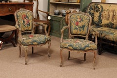 Pair of Louis XV Painted Fauteuils with Carved Floral Crest & Cabriole Legs, 18t