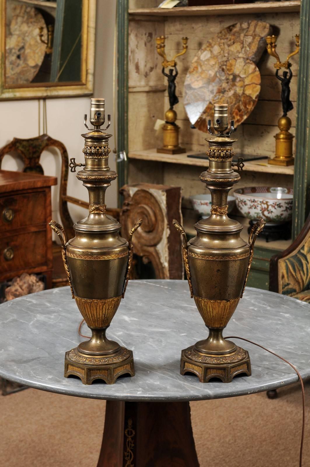 19th Century Pair of Neoclassical Style French Gilt Metal Urn Lamps, circa 1880