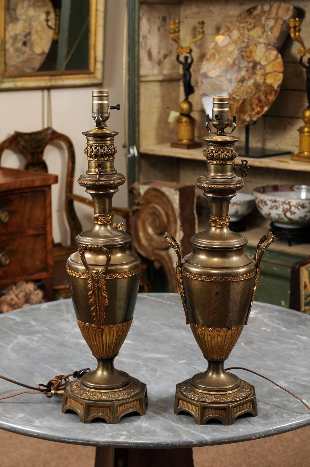Pair of Neoclassical Style French Gilt Metal Urn Lamps, circa 1880 1