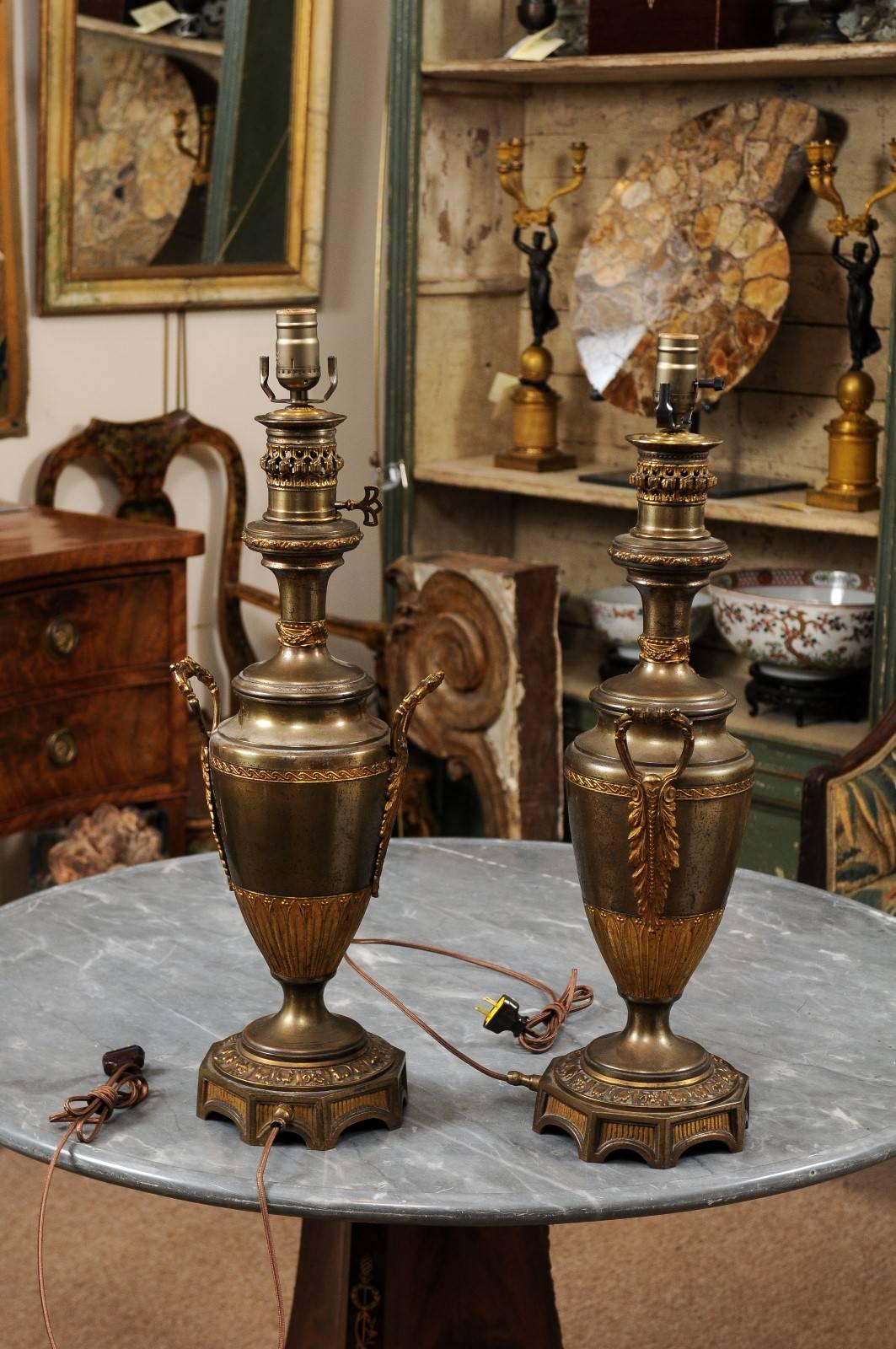 Pair of Neoclassical Style French Gilt Metal Urn Lamps, circa 1880 2