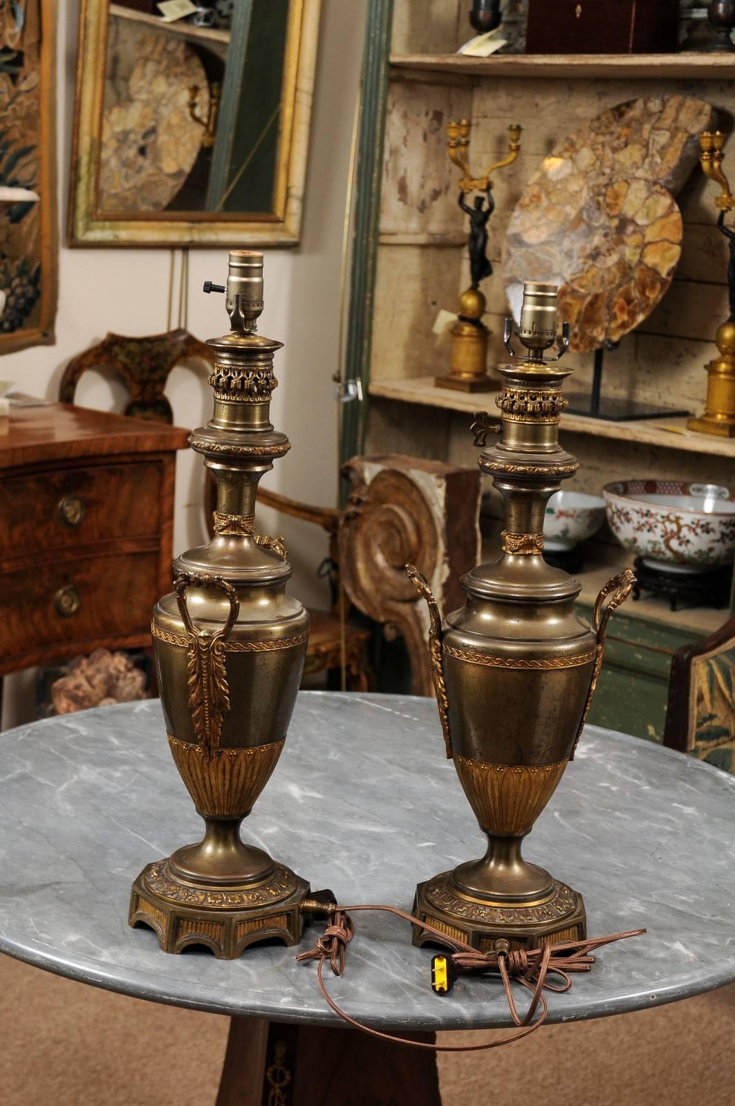 Pair of Neoclassical Style French Gilt Metal Urn Lamps, circa 1880 3