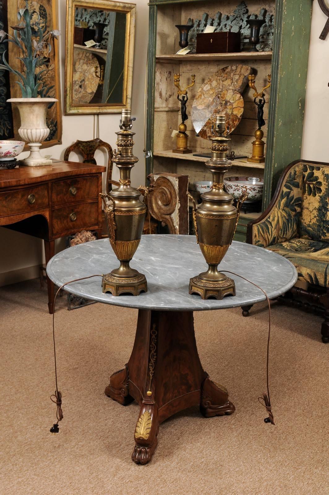 Pair of Neoclassical Style French Gilt Metal Urn Lamps, circa 1880 In Good Condition In Atlanta, GA