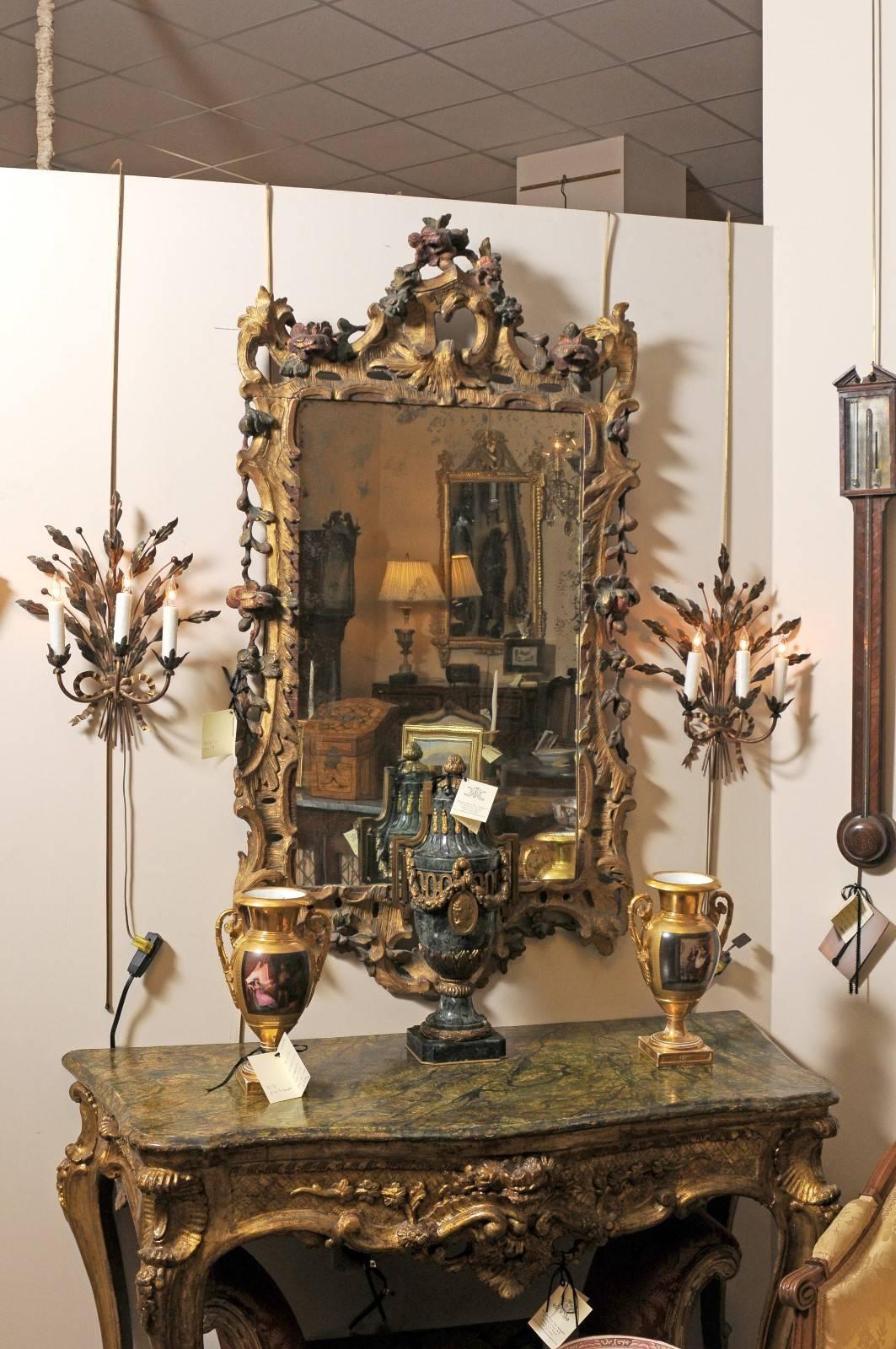 Hand-Painted Pair of French Gilt Metal Sconces with Holly Foliage and 3 Lights For Sale