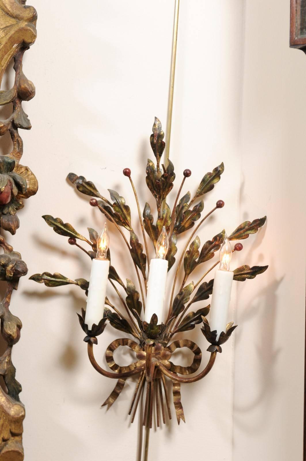 Pair of French Gilt Metal Sconces with Holly Foliage and 3 Lights In Good Condition For Sale In Atlanta, GA