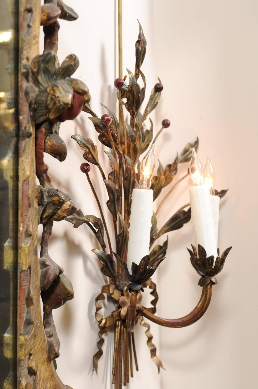 Pair of French Gilt Metal Sconces with Holly Foliage and 3 Lights For Sale 5