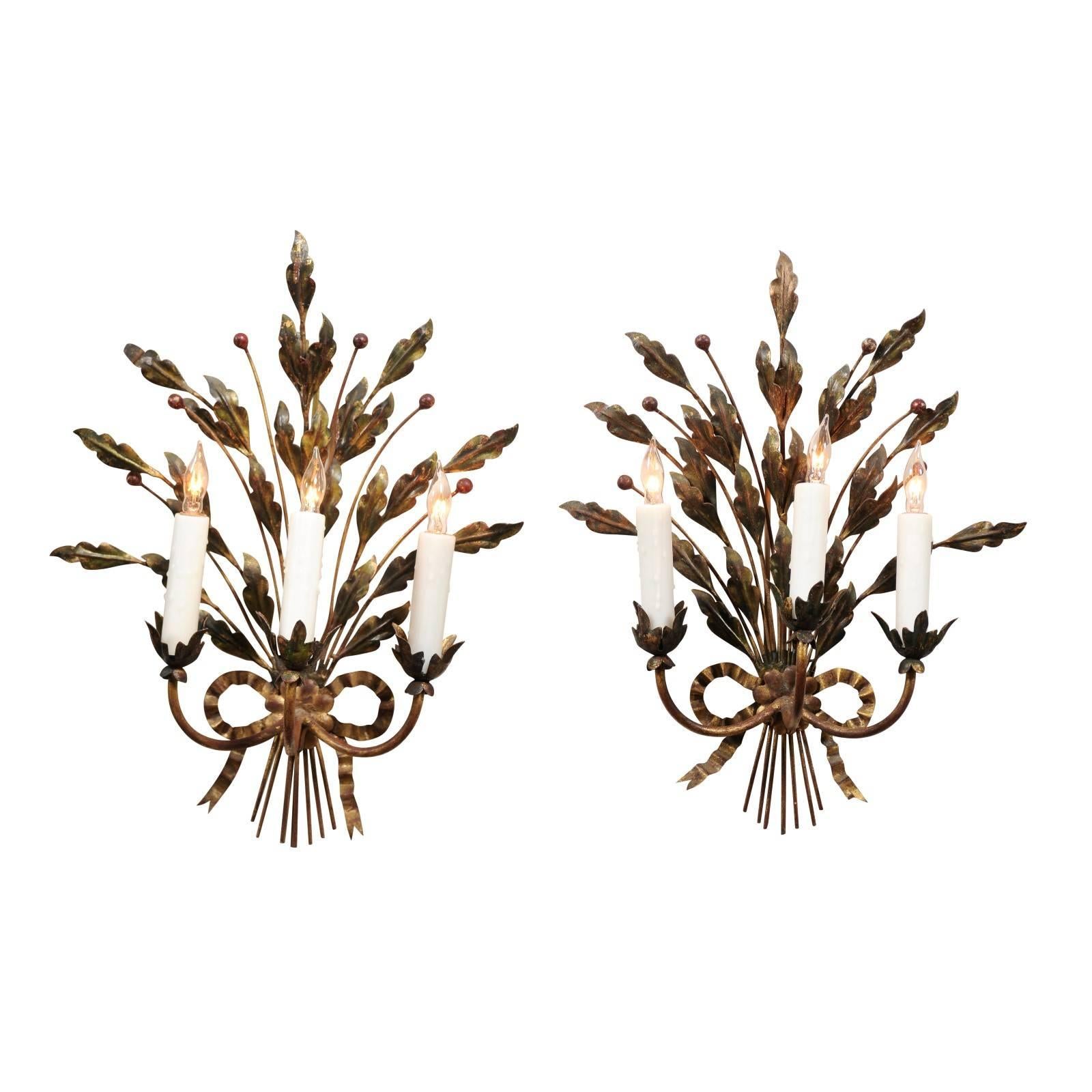 Pair of French Gilt Metal Sconces with Holly Foliage and 3 Lights For Sale