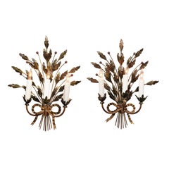Pair of French Gilt Metal Sconces with Holly Foliage and 3 Lights